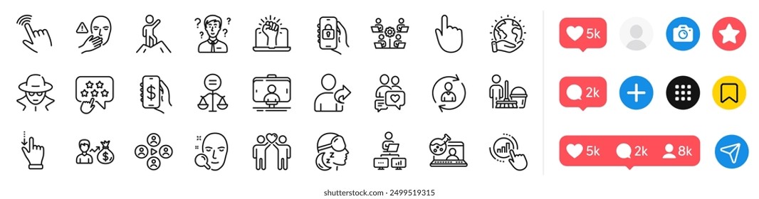 Friends couple, Ethics and Dating chat line icons pack. Social media icons. Insomnia, Refer friend, Leadership web icon. Selfie stick, Empower, Save planet pictogram. Vector