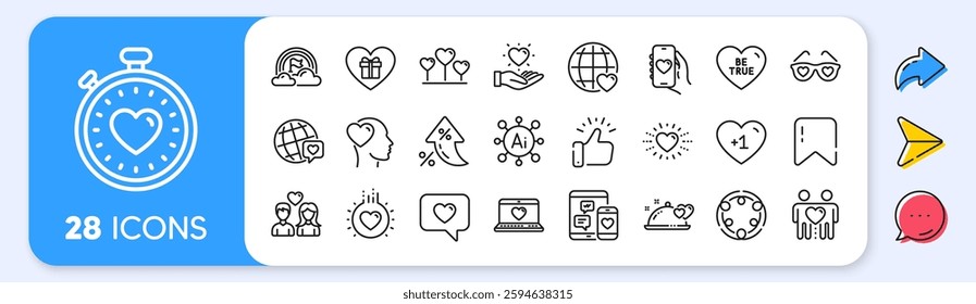 Friends couple, Lgbt and International love line icons. Interest rate, AI generate, Inflation icons. Pack of Hold heart, Romantic dinner, Romantic gift icon. Vector