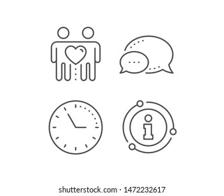 Friends couple line icon. Chat bubble, info sign elements. Friendship sign. Assistance business symbol. Linear friends couple outline icon. Information bubble. Vector