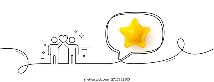 ícone Linha do casal de amigos. Linha contínua com estrela 3d. Sinal de amizade. Símbolo comercial de assistência. Estrela 3d no balão de fala. Amigos casal fita de linha única. Padrão de curva de loop. Vetor