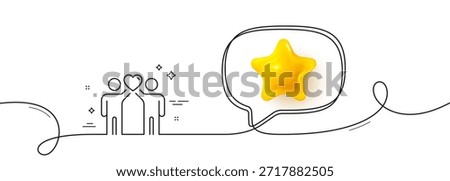 Friends couple line icon. Continuous line with 3d star. Friendship sign. Assistance business symbol. 3d star in speech bubble. Friends couple single line ribbon. Loop curve pattern. Vector