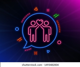 Friends couple line icon. Neon laser lights. Friendship sign. Assistance business symbol. Glow laser speech bubble. Neon lights chat bubble. Banner badge with friends couple icon. Vector