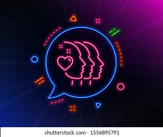 Friends couple line icon. Neon laser lights. Friendship sign. Assistance business symbol. Glow laser speech bubble. Neon lights chat bubble. Banner badge with friends couple icon. Vector
