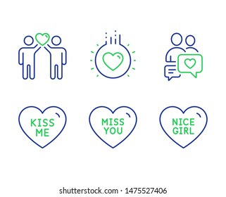 Friends couple, Miss you and Kiss me line icons set. Love, Dating chat and Nice girl signs. Friendship, Love heart, Heart. Love set. Line friends couple outline icons. Vector