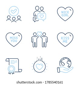 Friends couple, Miss you and Kiss me line icons set. Diploma certificate, save planet, group of people. Love, Dating chat and Nice girl signs. Friendship, Love heart, Heart. Love set. Vector