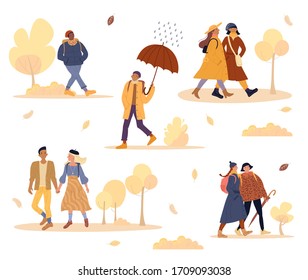 Friends, couple outdoor walk in autumn park. Girlfriend boyfriend on date. Student hurry to study. Office worker go to work. Woman talk gossip. Fall season. Rainy weather. People in warm clothes