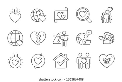 Friends Couple, Search Love And Love Letter Line Icons Set. Heart, Friendship And Update Relationships Signs. Break Up, Friends World Symbols. Friendship, Dating Service. Love Set. Vector