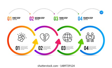 Friends couple sign. Infographics timeline. International love, Break up and Love gift line icons set. Internet dating, Divorce, Heart present. Friendship. Love set. International love icon. Vector