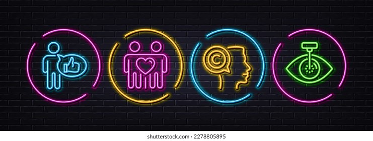 Friends couple, Writer and Like minimal line icons. Neon laser 3d lights. Eye laser icons. For web, application, printing. Friendship, Copyrighter, Thumbs up. Optometry clinic. Vector