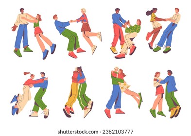 Friends or couples hugging and holding hands, happy of meeting each other. Cheerful men and women cuddling and meeting, boyfriend and girlfriend. Flat cartoon character, vector illustration