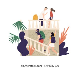 Friends, couples travel, spend time together, excursion, sightseeing. Vacation tourism. Tourist people at summer holiday. Ancient attractions. Flat vector cartoon illustration isolated on white