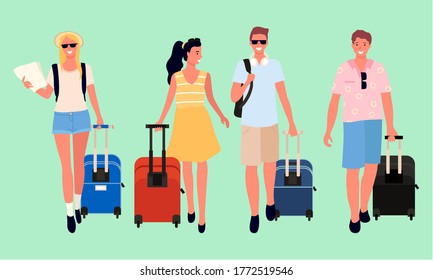 Friends and couples traveling together vector, arriving man and woman with luggage flat style. People with bags and rucksacks isolated characters