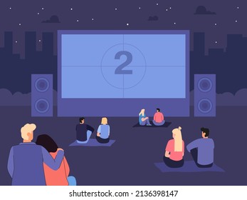 Friends And Couples Watching Movies On Big Screen In Open Air. Cartoon People Relaxing In Backyard In Evening Or At Night During Weekend Flat Vector Illustration. Vacation, Outdoor Activities Concept