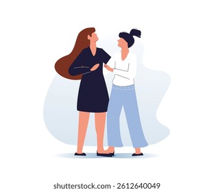 Friends or coworkers are standing, hugging, posing together. Cartoon characters. Teamwork, togetherness, friendship concept. Hand drawn colorful Vector illustration. Friends forever. Friendly group