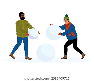 Friends creating snowballs during a winter day in a snowy landscape