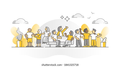 Friends crowd together as social contact group monocolor outline concept. Multicultural and multiracial diversity community with trust, respect and happy friendship relationship vector illustration.