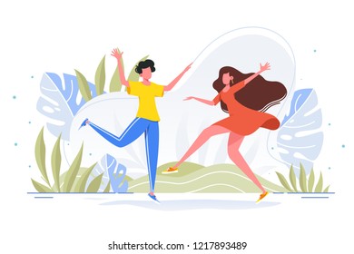 Friends dance and joy together in casual wear in the wild, forest, park. Concept woman, girl and man good relationship. Vector illustration.