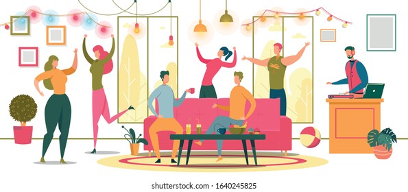 Friends Dancing at Party Flat Vector Illustration. Cheerful Students, Roommates Celebrating Happy Event, Holiday Cartoon Characters. Party Goers Chatting In Lounge Zone. DJ Choosing Music Tracks