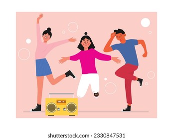 With friends dancing, raising hands to music from the radio, group performance together. Character designs. Vector flat illustration
