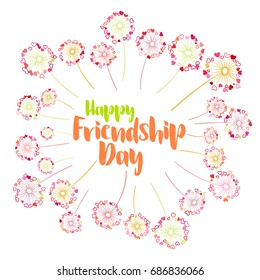 Friends Day card or banner banner with dandelions and love symbols - heart shaped feather fluff. Happy Friendship Day vector card with dandelion flowers on white background.