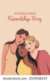 Friends' day. Women's day. Women's group women girls of different cultures and skin colors. Kind smiles pleasant emotions. Feminism. Movements for gender equality and women's empowerment. Vector banne