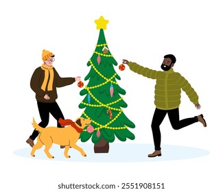 Friends decorate a Christmas tree with a cheerful dog on a winter day