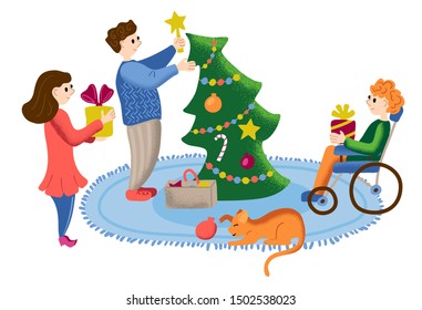 Friends decorate Christmas tree. Cozy winter holiday scene. Textured vector illustration. Family or friend home party. Christmas celebration at home. Merry Christmas card template with text place