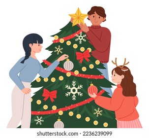 Friends are decorating the Christmas tree. Concept illustration of people enjoying Merry Christmas.