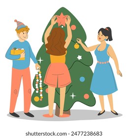 Friends decorating Christmas tree together vector isolated. Illustration of happy female and male characters spending time together. Green fir tree. Winter holiday.