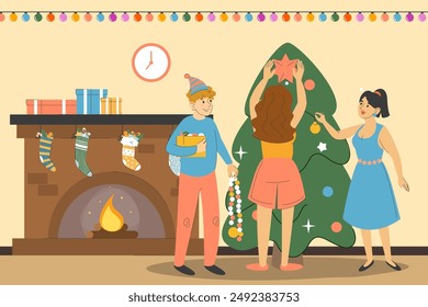 Friends decorating Christmas tree together in living room. Vector illustration of happy female and male characters spending time together. Green fir tree. Winter holiday.