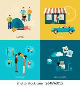 Friends design concept set with camping shopping social network and relationship flat icons isolated vector illustration