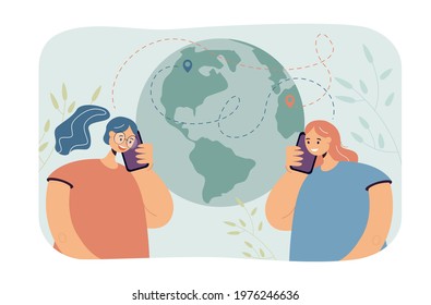 Friends from different continents talking on phone. Female characters with mobiles, globe with geolocation pins flat vector illustration. Communication, technology concept for banner, website design
