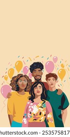 Friends of different nationalities smiling and hugging. Friendship day card. Group of people posing for a portrait with friends during a party with balloons in the background. Vector illustration