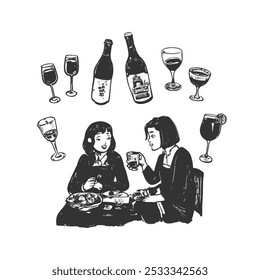 Friends Dining and Drinking - Hand-Drawn Line Art. Black and white line art illustration of two friends dining and enjoying drinks, surrounded by wine bottles and glasses. Perfect for social, cafe.