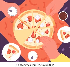 Friends dinner with pizza. Top view lunch, fast food delivery. Hands take drinks, joy home party. Cafe or pizzeria, friendship utter vector concept