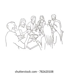 Friends Dinner. Toasting With Wine. Sketch On White Background. 