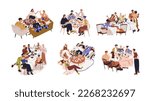 Friends dinners set. Happy people sitting at tables with food and drink, gathering together for eating, talking, relaxing at home and restaurant. Flat vector illustrations isolated on white background