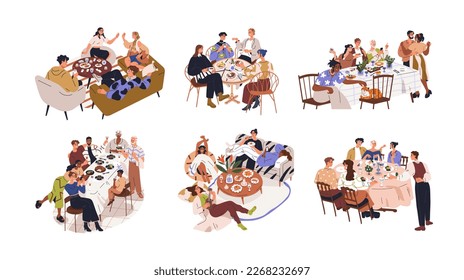 Friends dinners set. Happy people sitting at tables with food and drink, gathering together for eating, talking, relaxing at home and restaurant. Flat vector illustrations isolated on white background