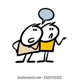 Friends discuss colleague  or classmate, point disrespectfully with their finger. Vector illustration of burden and badding at school and office. Doodle cartoon stick man character isolated.