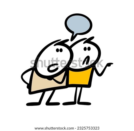 Friends discuss colleague  or classmate, point disrespectfully with their finger. Vector illustration of burden and badding at school and office. Doodle cartoon stick man character isolated.