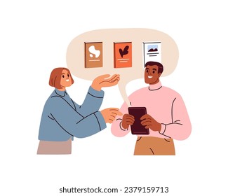 Friends discussing books, recommending and choosing literature to read. Happy man and woman readers communication, discussion, conversation. Flat vector illustration isolated on white background