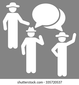 Friends Discussion vector icon. Style is flat symbol, white color, rounded angles, gray background.