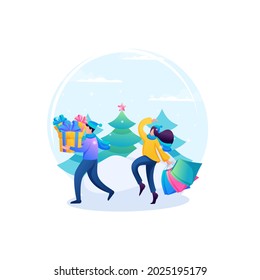 Friends do Christmas shopping, gifts to friends and relatives. Have a fun weekend. 2D characters.