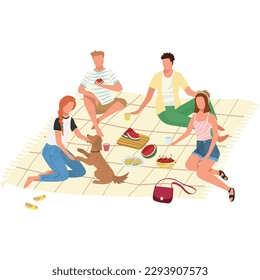 Friends with dog on summer picnic vector cartoon