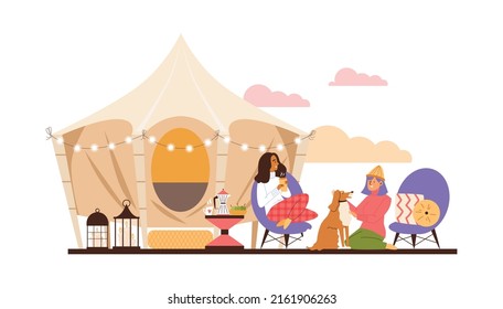 Friends with dog relaxing on the campside or glamping, flat vector illustration isolated on white background. Summer holiday concept. Women having picnic in front og the tent.