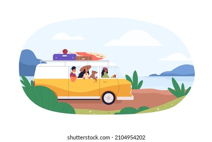 Friends and dog travel by car on summer holidays. People drive van, arriving to sea coast. Family in caravan at seaside. Flat vector illustration of travelers on vacation isolated on white background.