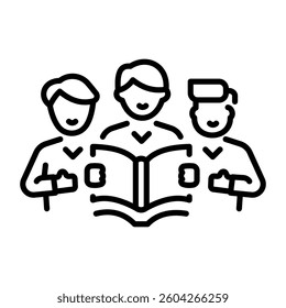 Friends doing group study, linear style icon 