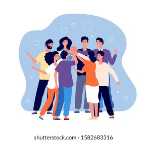 Friends doing high five. Big people team doing high five together, happy friend group, informal greeting, command motivation vector concept