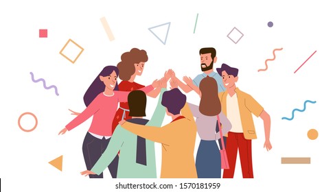 Friends doing high five. Cheerful friends and colleagues give informal greeting. Team people expression joy high five together vector smiling teen concept