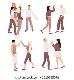 Friends doing high five. Cheerful friends and colleagues give informal greeting. Team people expression joy high five. Vector illustration